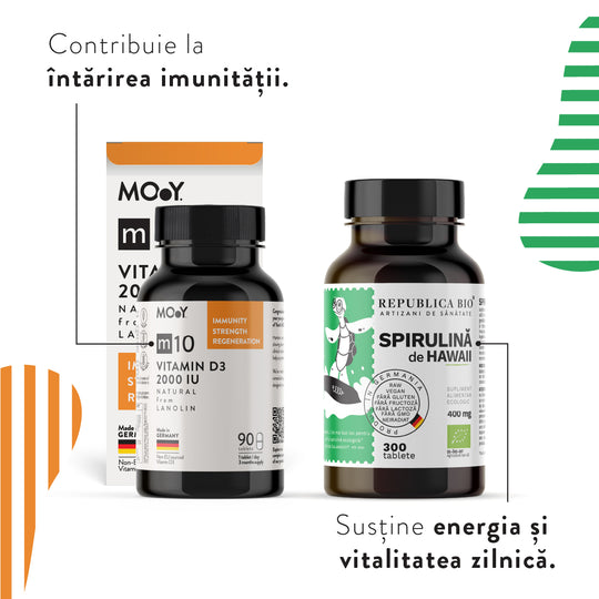 Immunity Support, pachet promotional (Spirulina + m10 Natural Vitamin D3 2000 IU from lanolin)